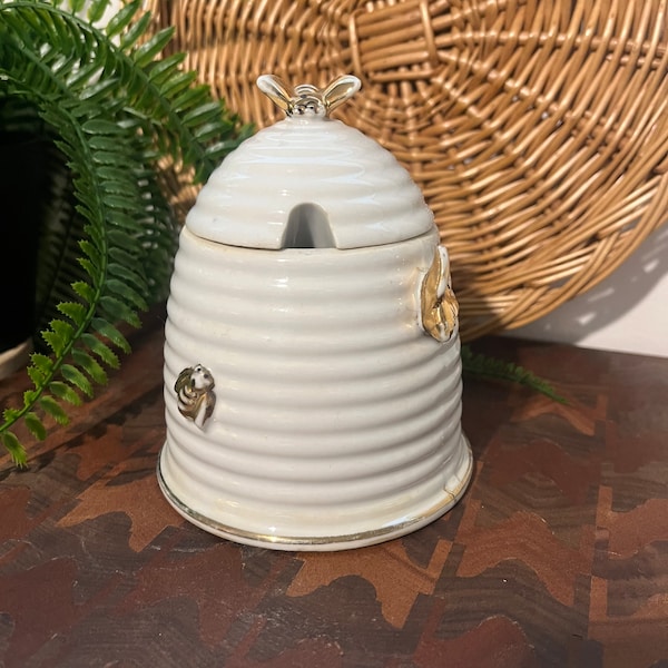 Antique White and Gold ceramic beehive sugar bowl