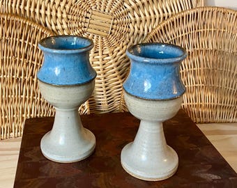 Pair of Vintage Handmade Stoneware Ceramic Pottery Goblet with blue glaze and speckled clay