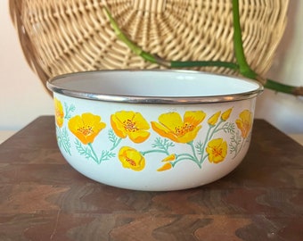 Ciotola vintage McM Kobe smaltata bianca e gialla California Poppies Flower 6,5"