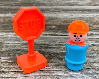 Vintage Fisher Price Little People Construction Worker and Stop Sign
