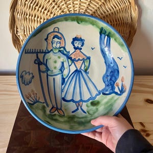 Vintage Handpainted large serving bowl from M.A. Hadley Pottery, featuring a &quot;Country Couple&quot; design