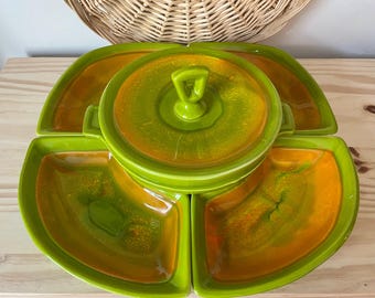 1970s Vintage California Pottery #805 Lazy Susan serving set in green and orange “lava” glaze