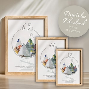 Geldgeschenk zum Geburtstag personalisiert Geschenk Gutschein zum Wandern in den Bergen für Abenteuer und Reisen Download zum Ausdrucken