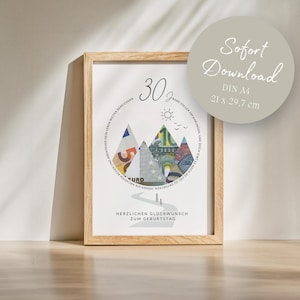 Bon cadeau pour un voyage d'aventure en montagne pour un anniversaire de 30 ans, pour homme, femme ou petite amie, téléchargement instantané DIN A4 à imprimer