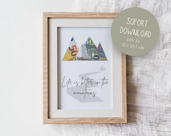 Geld cadeau bergen wandelen voucher verjaardag bruiloft reizen vakantie DIN A4 DIRECT downloaden om af te drukken en weg te geven