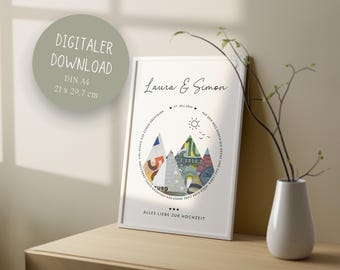 Geldcadeau bruiloft bergen wandelvoucher voor pasgetrouwden gepersonaliseerd voor bruiloft reisavontuur download DIN A4 om af te drukken