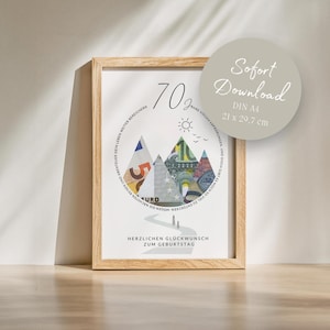 Presente em dinheiro para aniversário de 70 anos, aventura em montanhas, viagem, caminhada, presente para pai, presente para mãe, download instantâneo DIN A4 para impressão
