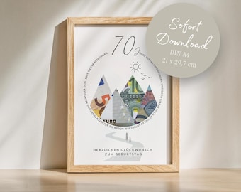 Cash gift 70th birthday mountains adventure travel hiking gift for dad gift for mom INSTANT download DIN A4 to print