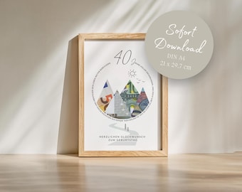 Cash gift 40th birthday mountains adventure travel voucher for man woman girlfriend INSTANT download DIN A4 to print