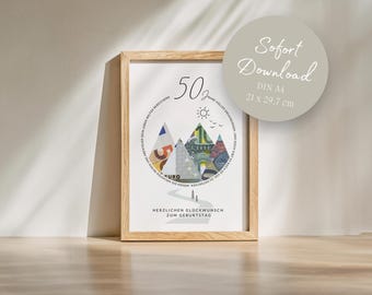 50th Birthday Money Gift - Mountains, Adventure, Travel, Hiking - Gift for Dad, Gift for Mom - INSTANT Download - DIN A4 for Printing