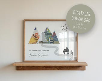 Contant geld cadeau avontuur bergen wandelen gepersonaliseerde voucher voor bruiloft reizen verjaardag digitale download DIN A4 om af te drukken