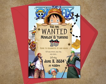 Faire-part d'anniversaire sur le thème une pièce. Invitation numérique pour une fête, invitation à une fête One Piece. Invitation de Pirata. Invitation pirate