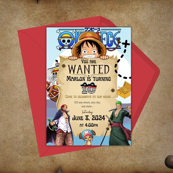 Faire-part d'anniversaire sur le thème une pièce. Invitation numérique pour une fête, invitation à une fête One Piece. Invitation de Pirata. Invitation pirate