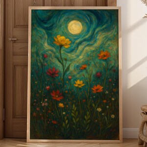 Wildblumen Feld Wandkunst, Blumenwandkunst, Nachthimmel Wandkunst, Blumendekor, Botanische Natur, Sternennacht Wandkunst, UNGERAHMT