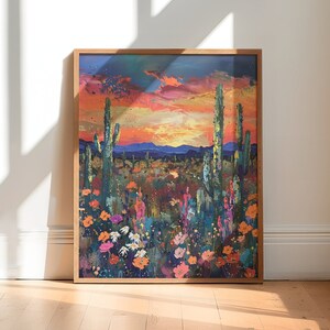 Väggkonsttryck i sydvästlig öken – Poster med kaktus och solnedgång i Arizona, västerländsk heminredning, bohemisk rustik landskapskonst, oramad
