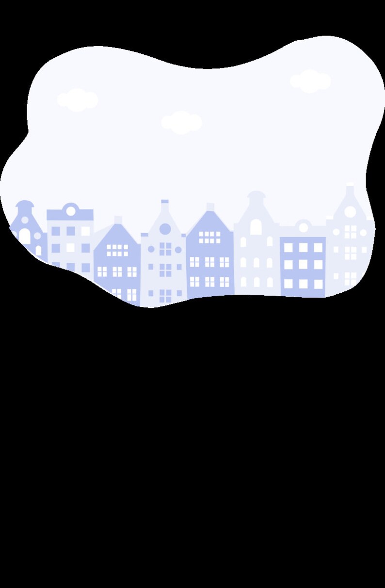 May include: A row of light blue buildings with white windows against a light blue sky with white clouds.