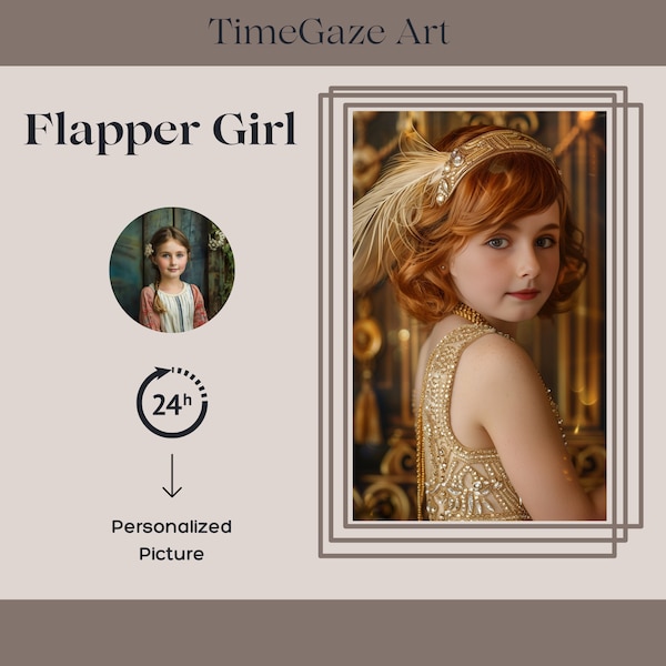 Personalised Flapper Girl Child Lady Portrait from Photo, 1920s Picture Custom Portrait, Custom 8 year old girl Portrait, Digital Download