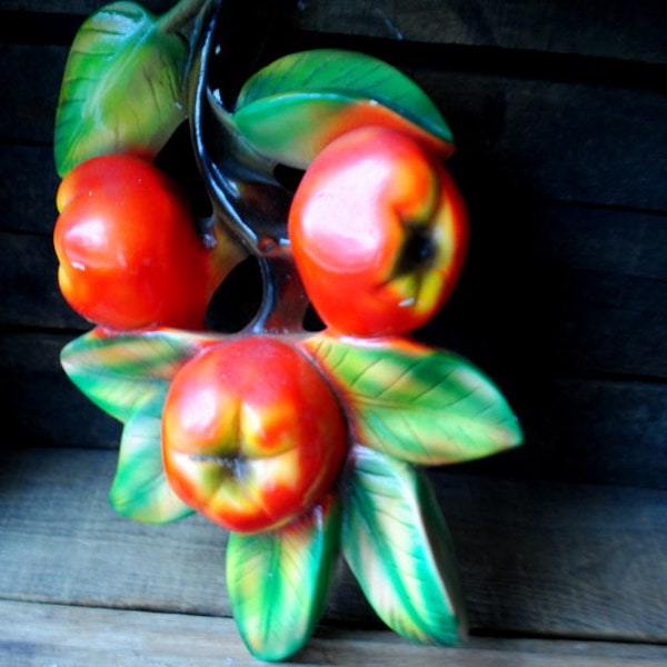 1940 vintage, large,  3d  red apples and  green leaves  , large chalkware,  kitchen wall plaque.