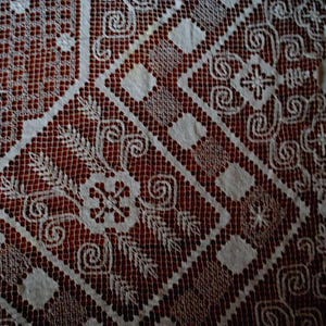 1930  ecru cotton  Tuscany lace , large ( 60,0" x 74,0" ) tablecloth with geometric, floral, swirl, wheat pattern.