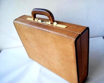1980 Brazilian  camel  brown  genuine leather  briefcase / attache  with  elegant  Presto  combo  lock, hinges made by Franzen in W. Germany