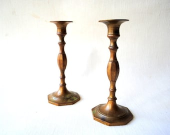 1970 vintage , heavy  brass  colonial style , one pair candlestick holders with  rectangular  base.