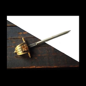 1970 vintage , combine metal, damascene,  sword shape  ,  Toledo,  souvenir, mini letter opener  with  Barcelona flag/coat of arm.