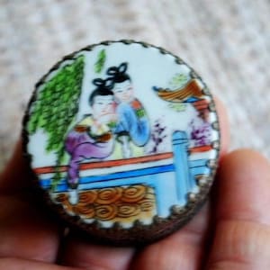 1950 vintage ,  silver plated brass  small   pillbox/ trinket/snuff/ jewelry  box with   beautiful  chard  porcelain hand painted lid.
