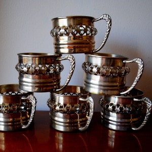 1960 vintage , silverplate  , set  of six , Judaica  tea glass  holders. Made in Israel  by Mazref.