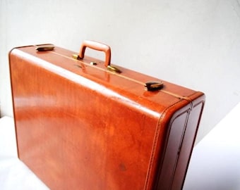 1950 Samsonite Shwayder Bros.  Denver/ Detroit,  Luxurious  Suitcase, Cognac / Brown  Hard Shell Shiny Leather, Large(  19,0"-26,0")