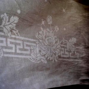 May include: A close-up of a fabric with a floral and geometric pattern. The design features large flowers and leaves, along with a Greek key border, all in a lighter tone against a darker background. The fabric appears to be sheer.