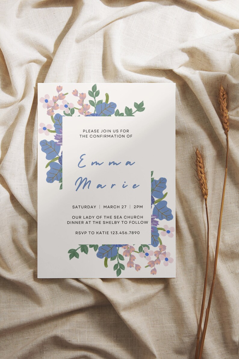 Floral Confirmation Invitation Template: Customizable Digital Card - Etsy