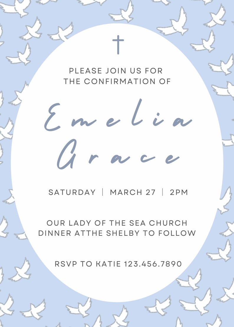 Blue Doves Confirmation Invitation Template, Girl Catholic Invite ...
