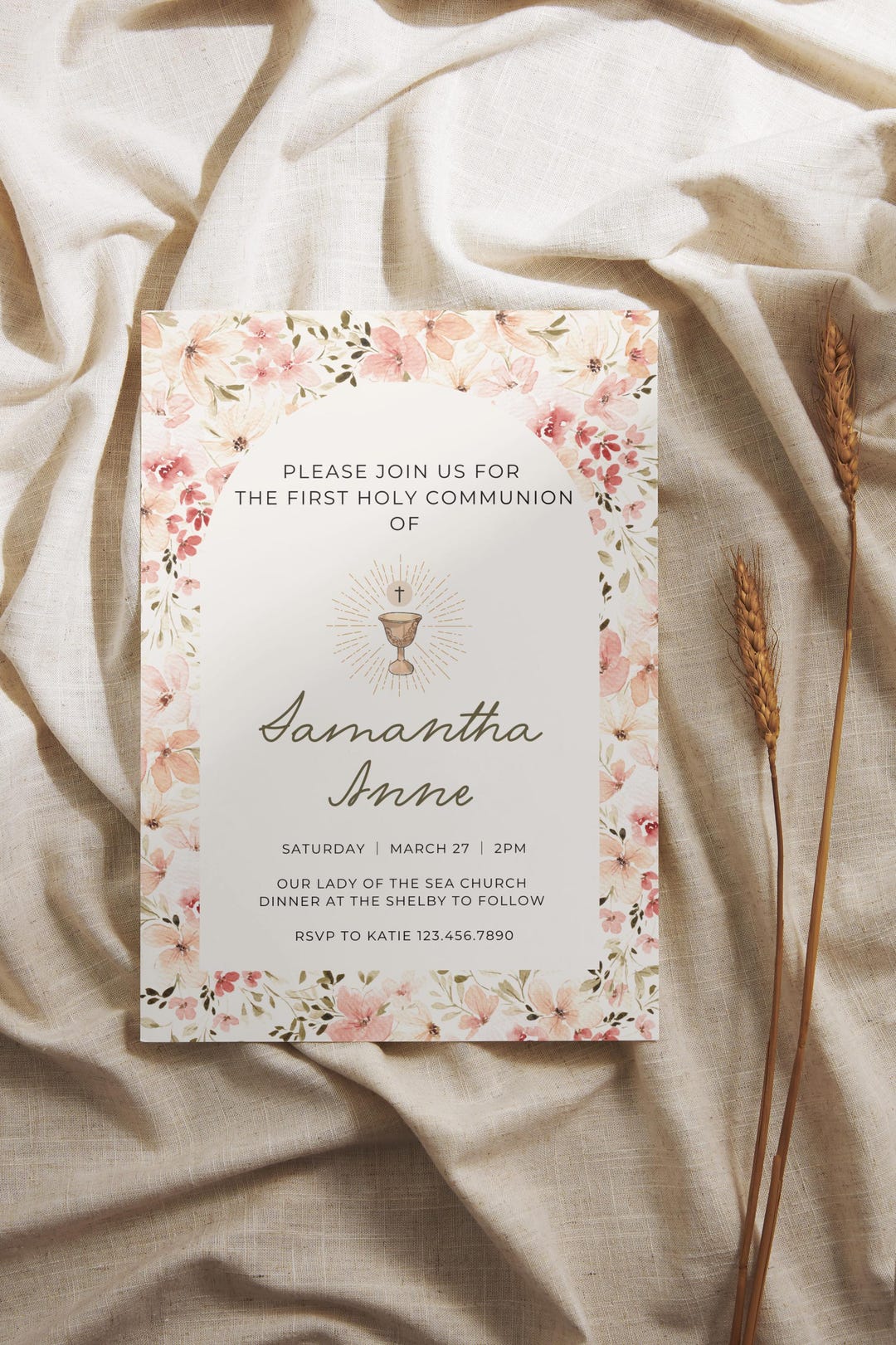 Neutral Pink Floral First Holy Communion Invitation Template ...