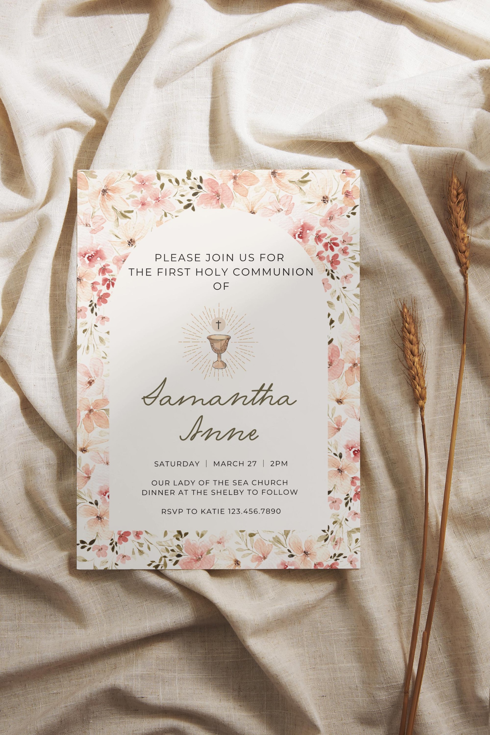 Neutral Pink Floral First Holy Communion Invitation Template ...