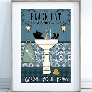 Black Cat And Sink Co Wash Your Paws Poster Blue Bathroom Decoration Vintage Wall Art Toilet Restroom Home Decor SPECIAL OFFER Limited Time.