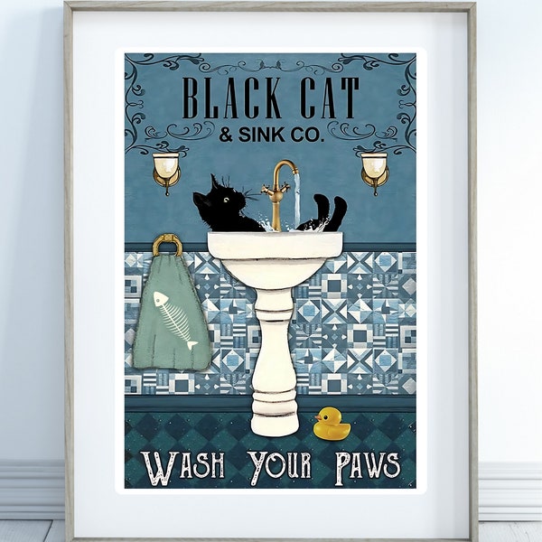 Poster Chat noir et lavabo, Lavez-vous les pattes, bleu, décoration de salle de bain, art mural vintage, décoration d'intérieur pour toilettes, toilettes, décoration d'intérieur, offre spéciale à durée limitée.