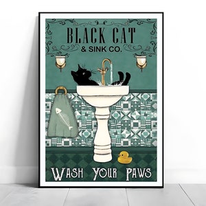 Black Cat And Sink Co の「Wash Your Paws」ポスター、グリーン、バスルーム装飾、ヴィンテージ、ウォールアート、トイレ、お手洗い、ホームデコレーション、特別オファー。