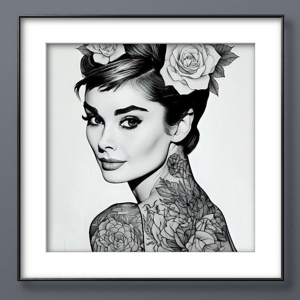 Audrey Hepburn With Tattoos, Original Art, Audrey Hepburn Print, Black And White Print. Audrey Hepburn Modern Art. Printable.
