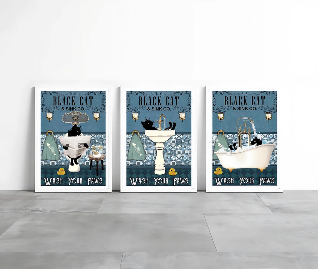 Black Cat Bathroom Art Prints: Vintage Wash Your Paws Decor, Set of 3 ...
