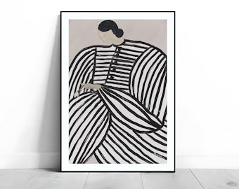 May include: A black and white striped illustration of a person in a long dress holding a small animal. The background is a light pink color.