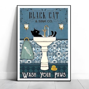 Black Cat Bathroom Poster: Wash Your Paws, Vintage Style (Printable)