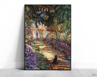 Arte de gato de jardín de Monet, pintura de gato negro (impresión digital)