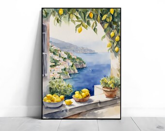 Amalfi Coast Watercolor Print: Positano Italy Art
