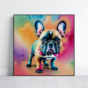 May include: A framed art print featuring a colorful French Bulldog. The dog has a tan and black coat with blue accents and pink polka dots. The background is a watercolor wash of orange, pink, purple, and yellow.