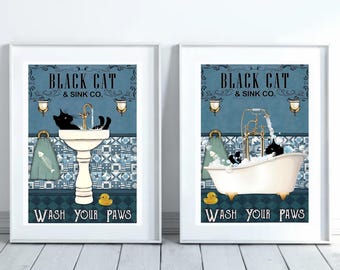 Black Cat Bathroom Prints: Vintage Wash Your Paws Art, Set of 2