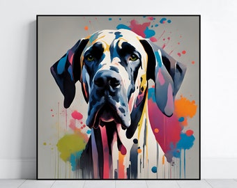 Puede incluir: Una pintura abstracta colorida de un Gran Danés con salpicaduras de pintura en tonos de rosa, azul, amarillo y verde.