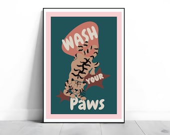 Tiger Wash Your Paws Badezimmer Kunstdruck Blau & Weiß Maximalist Dekor