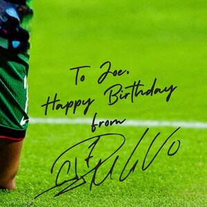 May include: A green soccer field with a white line. A soccer player is kneeling on the field. The player has written "To Joe. Happy Birthday from [signature]" on the field.