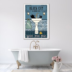 Targa in metallo vintage con gatto nero e lavabo, scritta Wash Your Paws, Black Cat & Sink Co, decorazione per il bagno, divertente gatto da parete, decorazione da parete 30 x 30