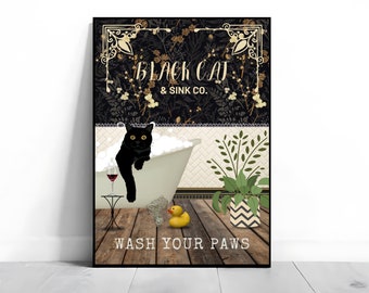Póster "Gato negro lávate las patas": Impresión artística vintage para baño